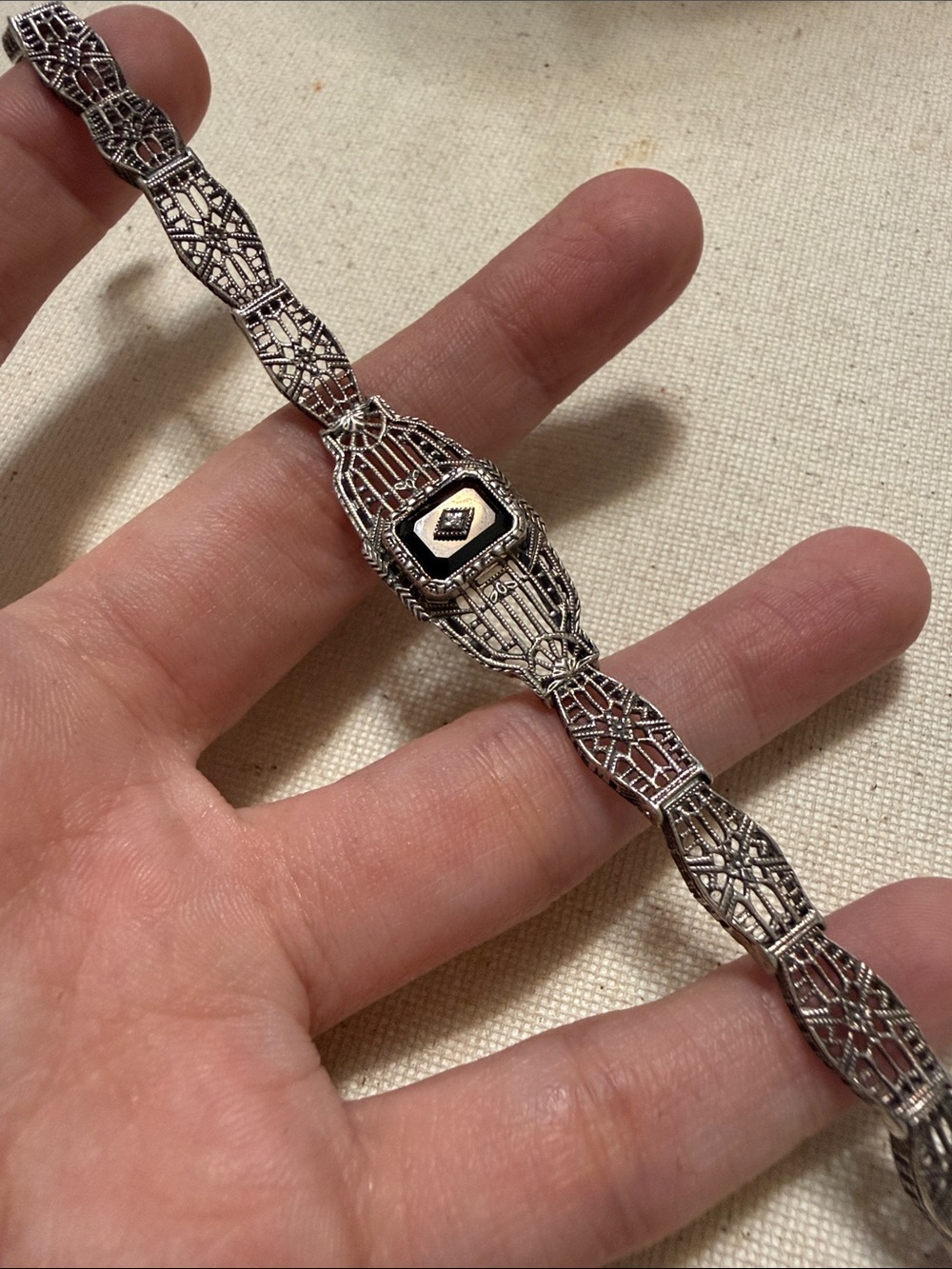 Vintage Antique Sterling Silver Filigree Bracelet W/Diamond & Black Dial 7.5’ - Picture 9 of 11